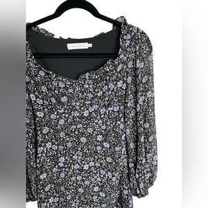 Floret Studios Floral Long Sleeve Sweetheart Neckline Dress Purple and Blue XS